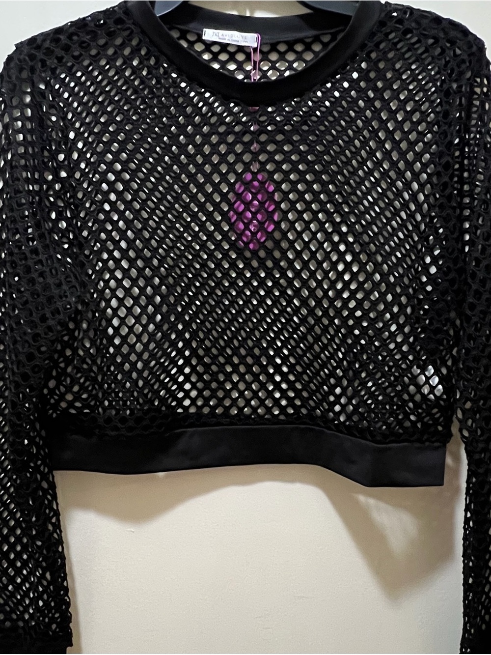Avidlove Black Fishnet sheer Long Sleeve Crop Top edgy stretch - NWT XL - Picture 4 of 9